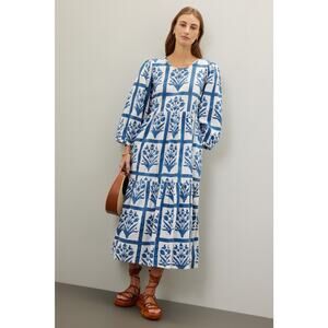 SZ BLOCKPRINTS Blue White Floral 100% Cotton Long Sleeve Orti A-Line Dress Small